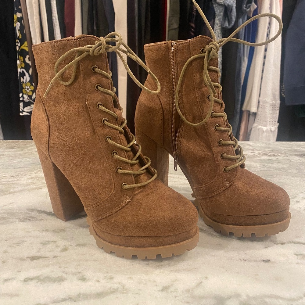 Dark tan faux seude women's lace up/zipper boots 5 inch heel